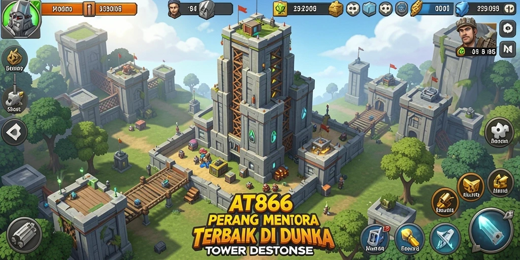 Screenshot menunjukkan gameplay menegangkan saat mempertahankan menara.