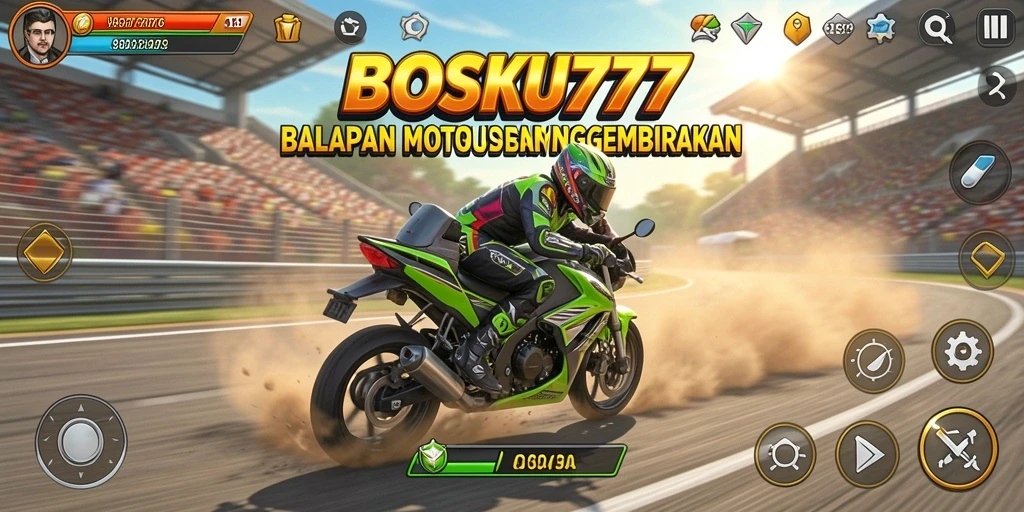 Screenshot gameplay dari BOSKU777 menampilkan balapan motor yang seru.