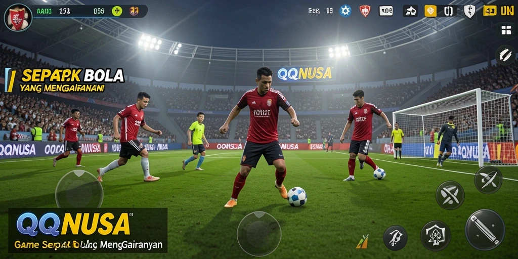Tampilan gameplay seru di QQNUSA dengan aksi sepak bola yang mendebarkan.