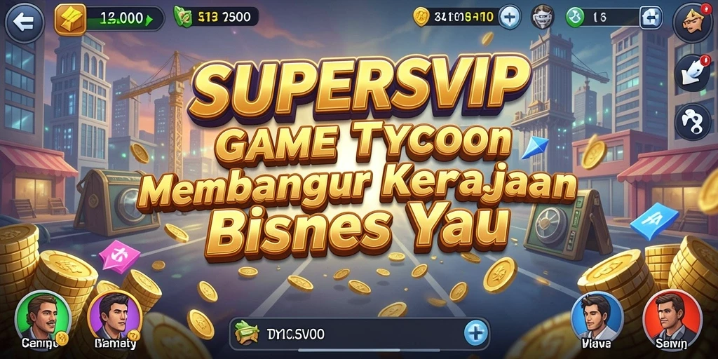 Tangkapan layar gameplay SUPERSVIP yang menunjukkan kerajaan bisnis yang megah.